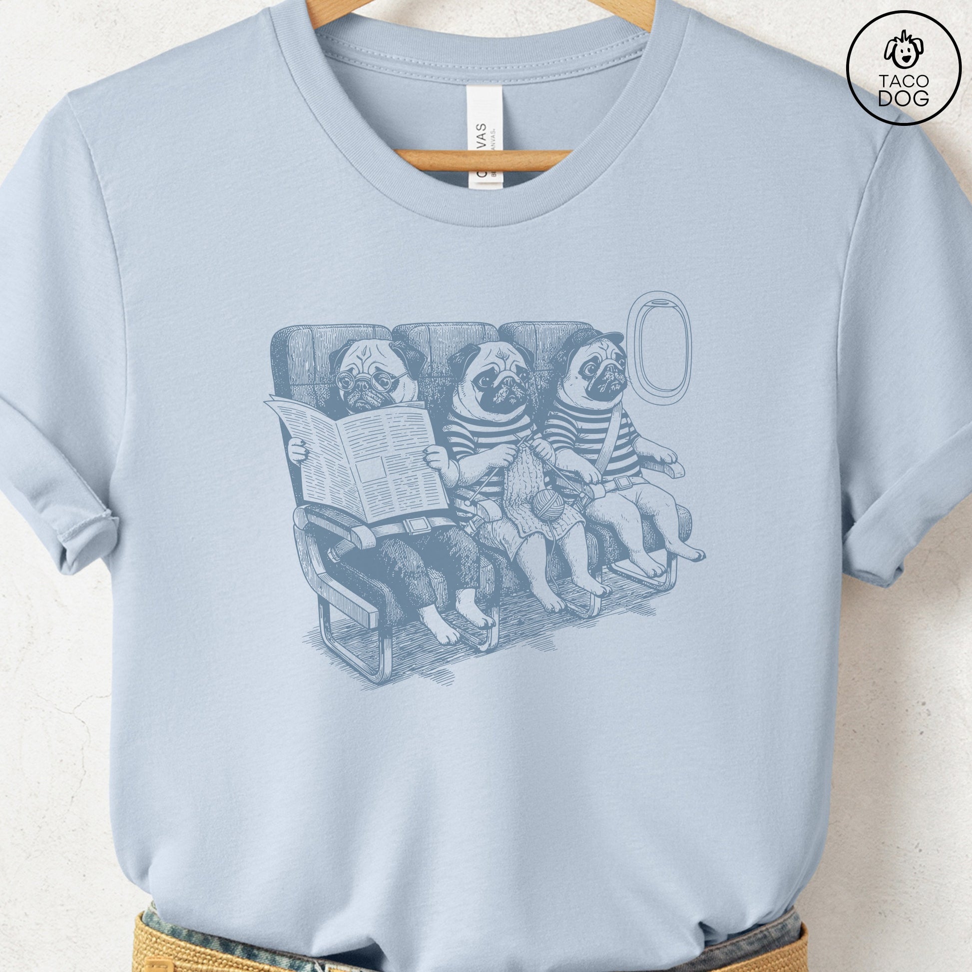 Pug Departures T-Shirt Light Blue S Taco-Dog