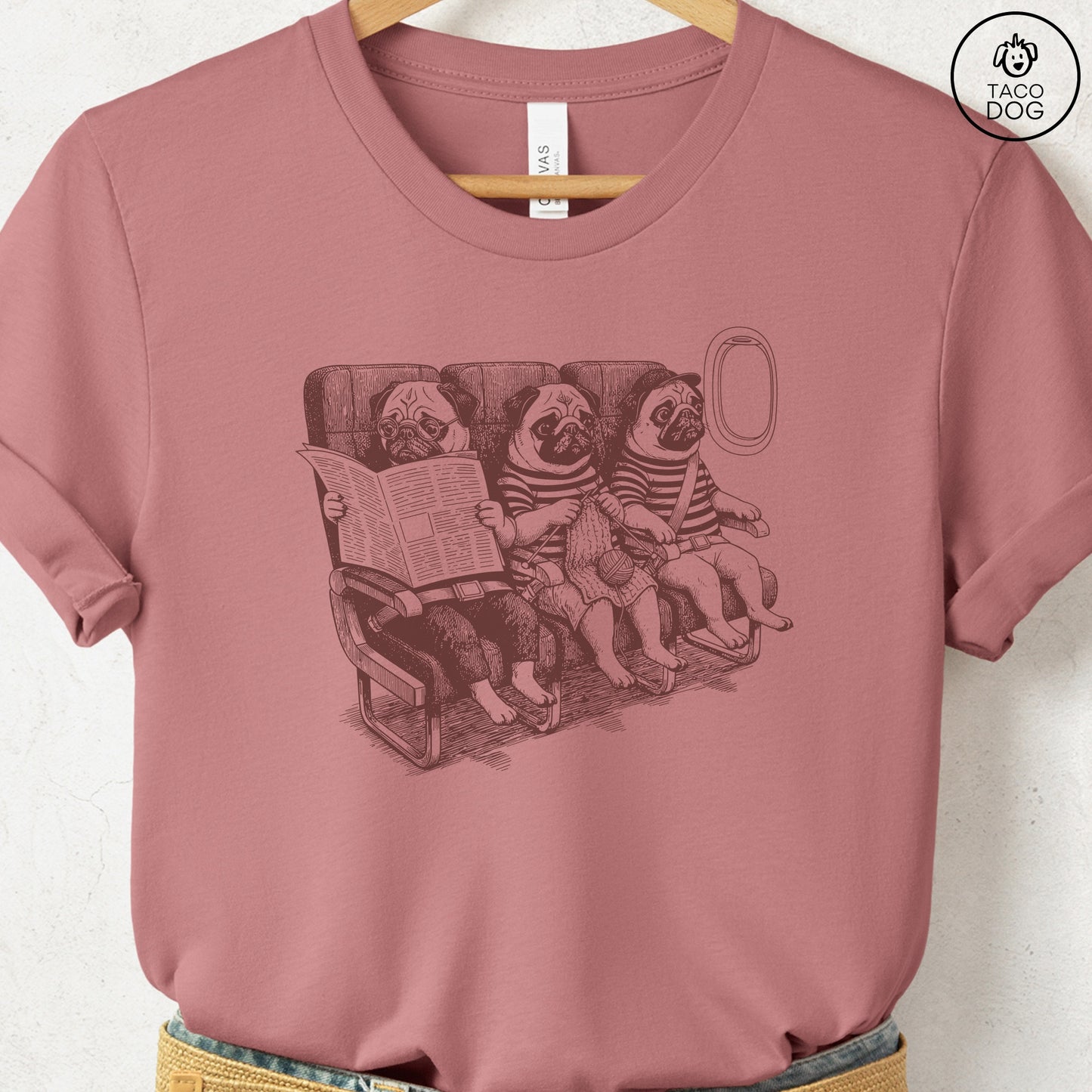 Pug Departures T-Shirt Heather Mauve S Taco-Dog