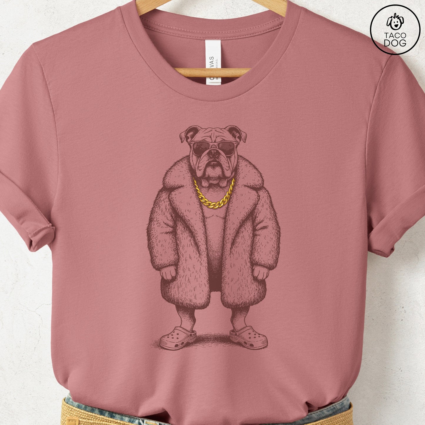 English Bulldog Plush T-Shirt Heather Mauve S Taco-Dog
