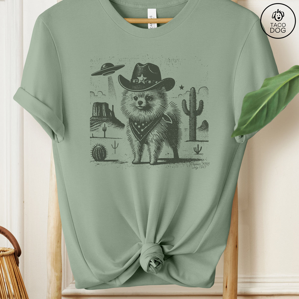 Pomeranian Pom Cowboy Ink Space UFO T-Shirt Sage Taco-Dog