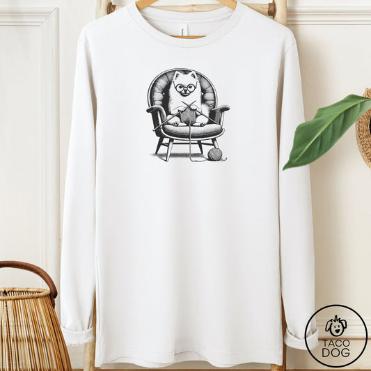 Pomeranian Knitting Long Sleeve Tee White Taco-Dog
