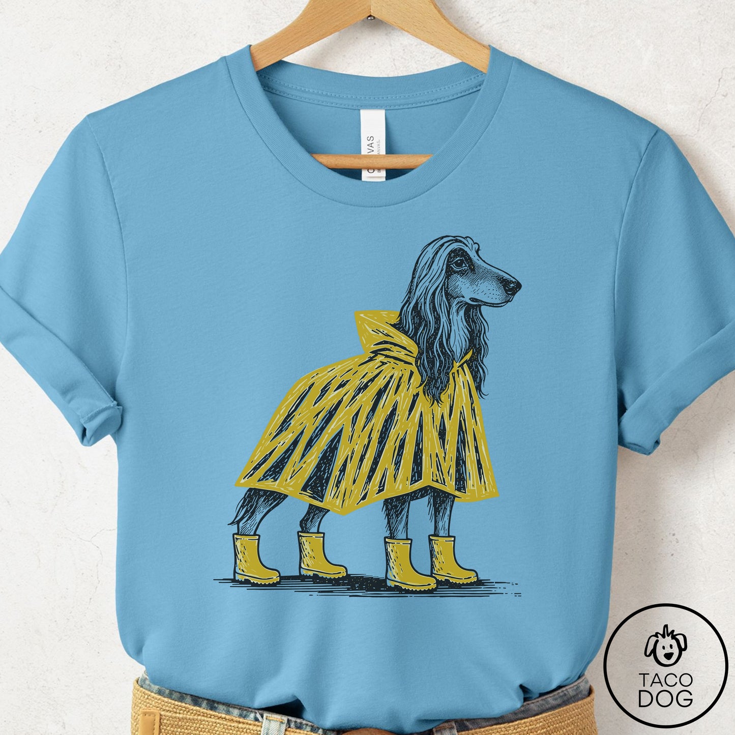 Afghan Hound Poncho T-Shirt Ocean Blue Taco-Dog