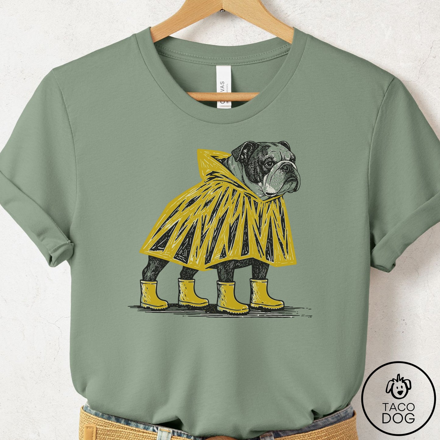 English Bulldog Poncho T-Shirt Sage Taco-Dog