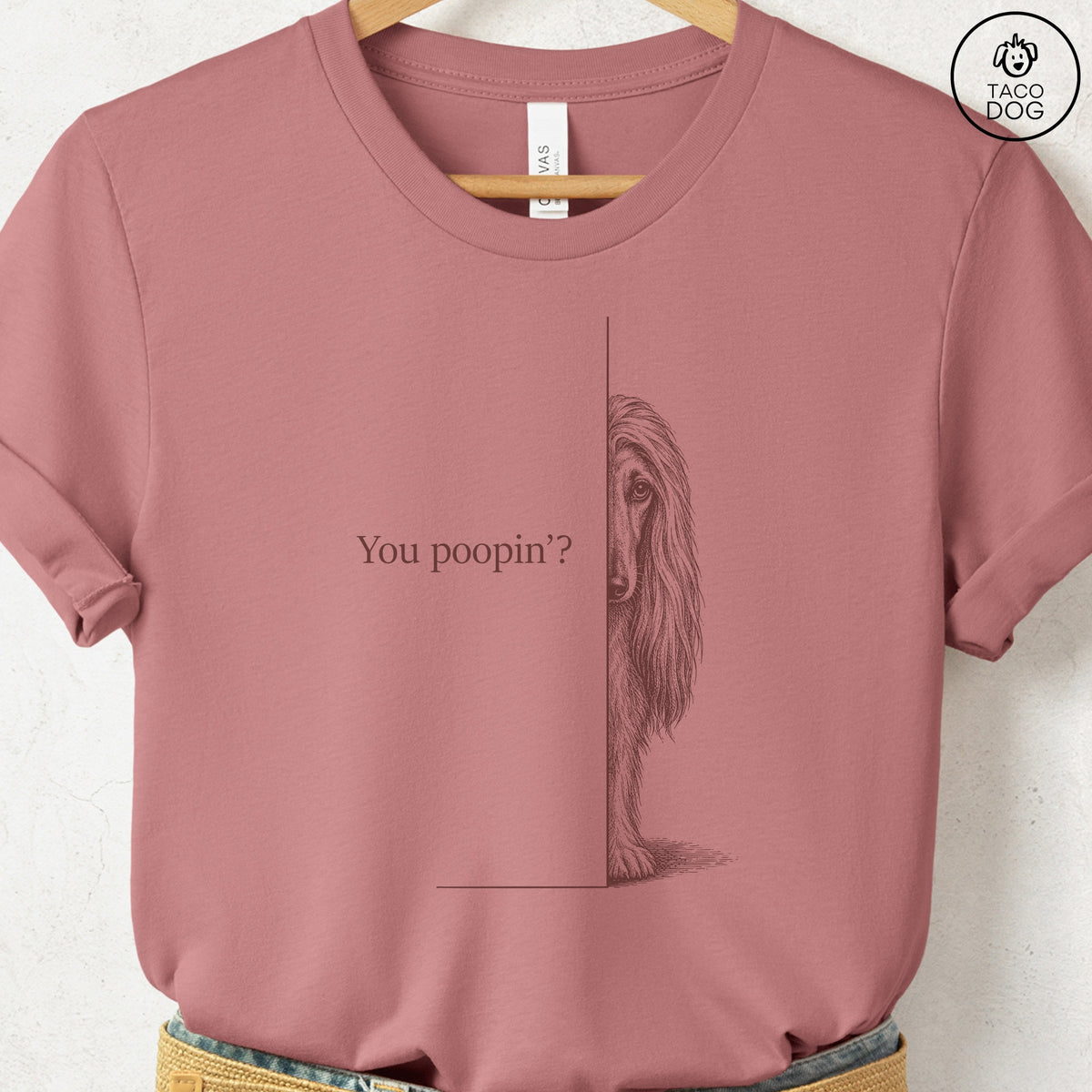 Afghan Hound Poopin T-Shirt Heather Mauve Taco-Dog