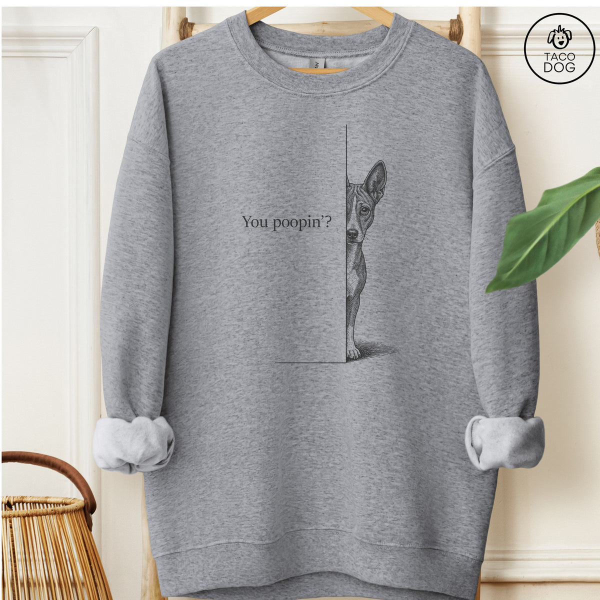 Basenji Poopin Sweatshirt Graphite Heather Taco-Dog