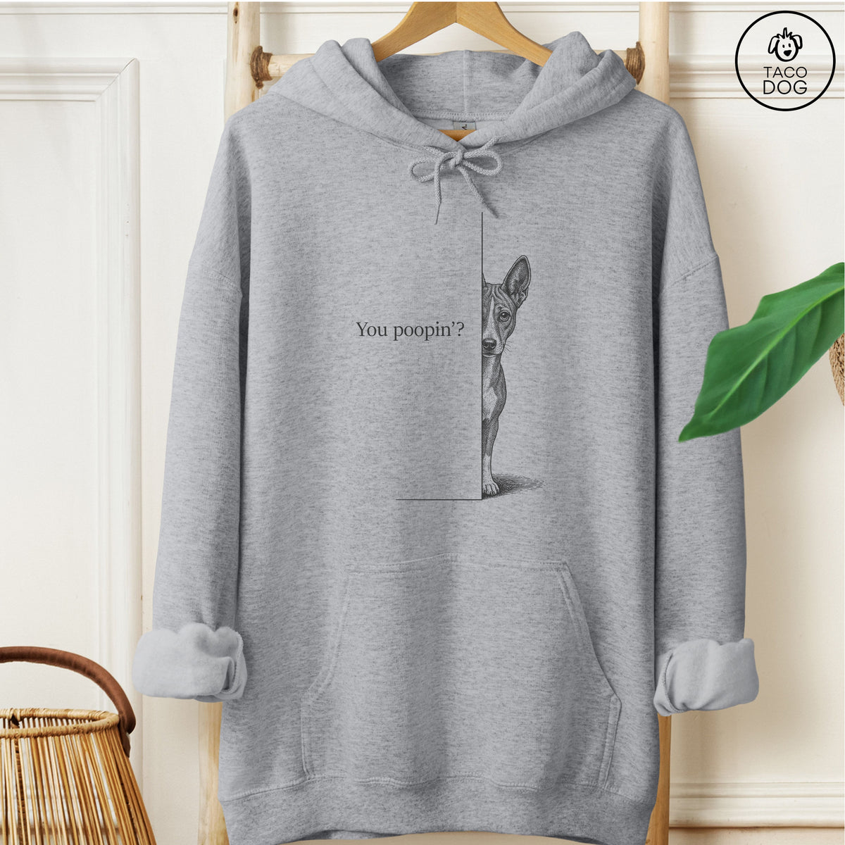 Basenji Poopin Hoodie Graphite Heather Taco-Dog