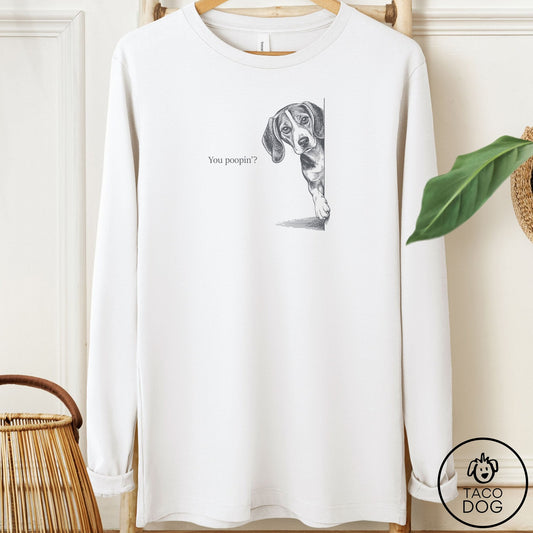 Beagle Poopin Long Sleeve Tee White Taco-Dog