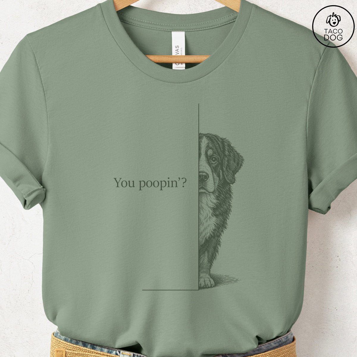 Bernese Mountain Dog Poopin T-Shirt Sage Taco-Dog