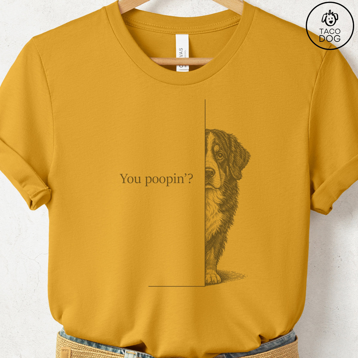 Bernese Mountain Dog Poopin T-Shirt Mustard Taco-Dog