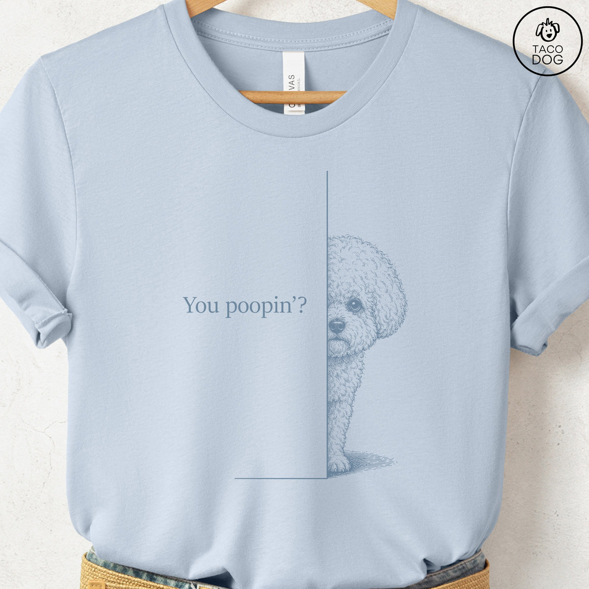 Bichon Frise Poopin T-Shirt Light Blue Taco-Dog