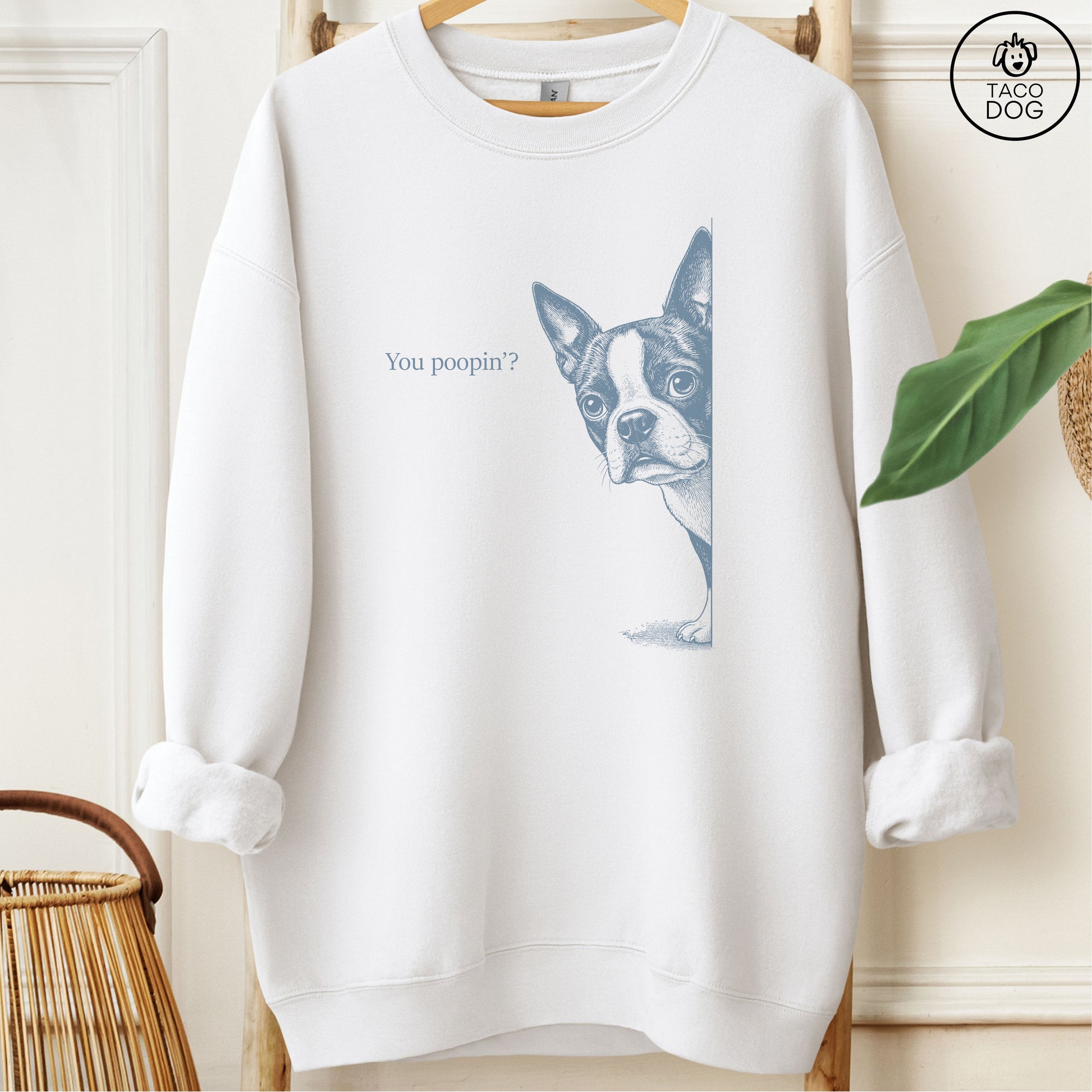 Boston Terrier Poopin Sweatshirt White Taco-Dog