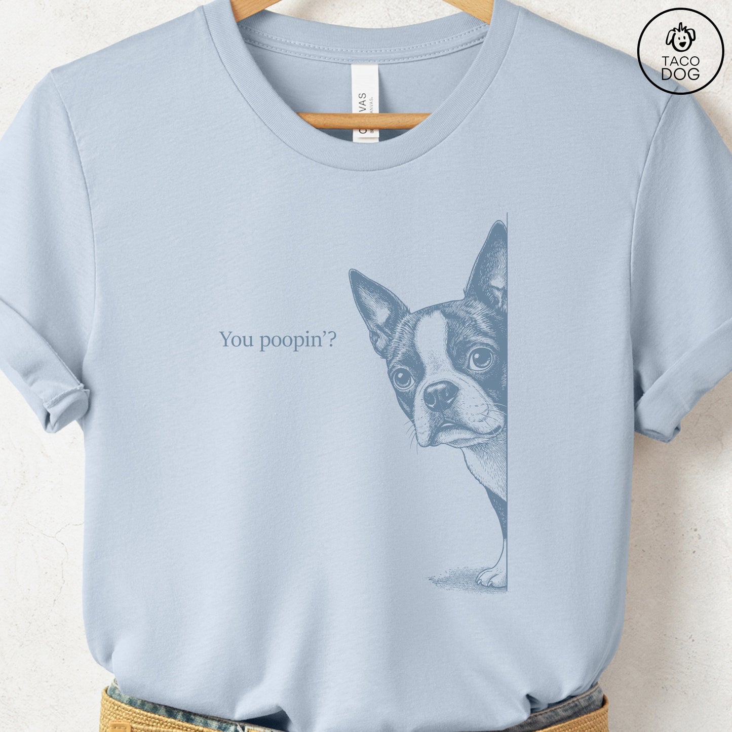 Boston Terrier Poopin T-Shirt Light Blue Taco-Dog