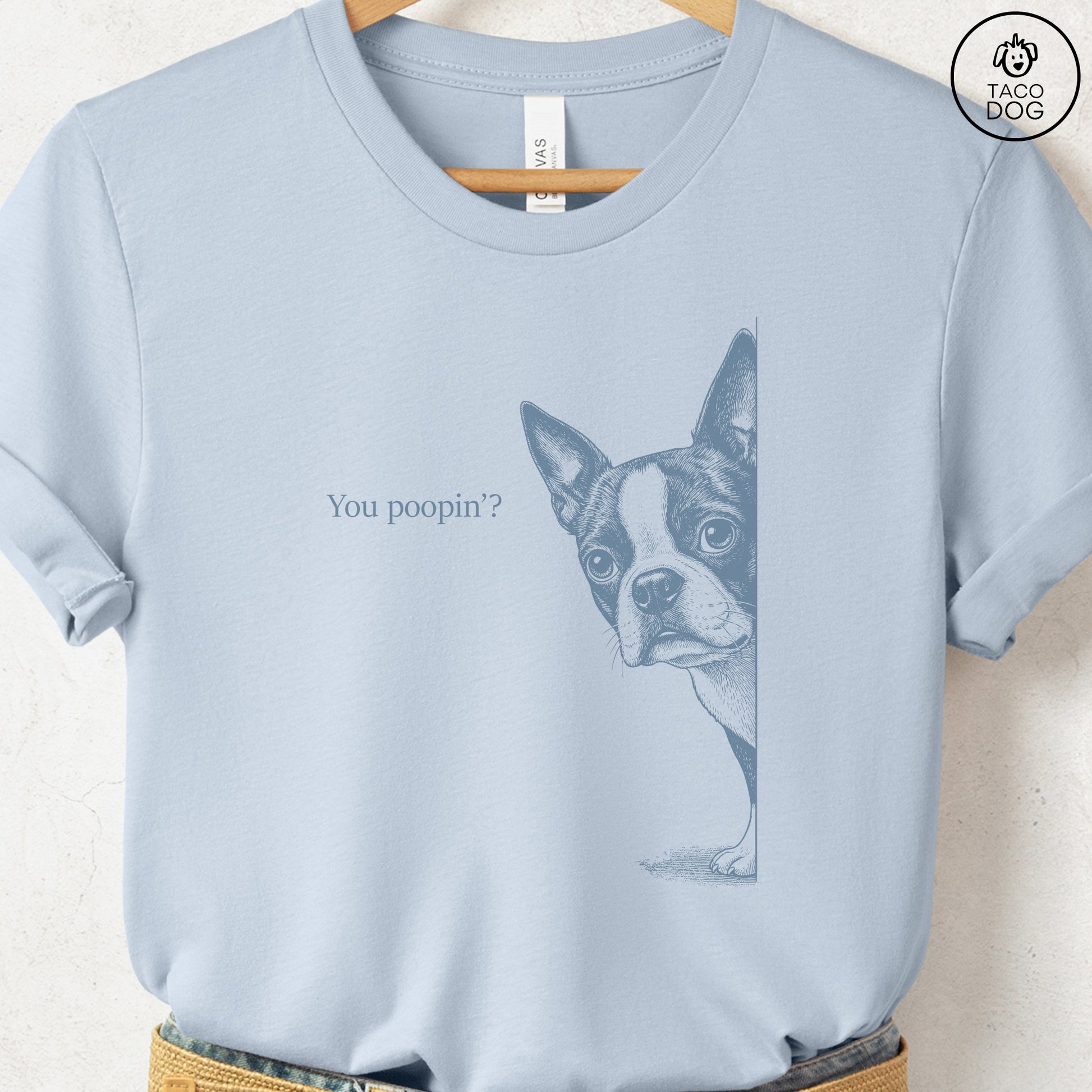 Boston Terrier Poopin T-Shirt Light Blue Taco-Dog