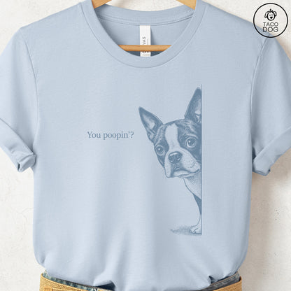 Boston Terrier Poopin T-Shirt Light Blue Taco-Dog