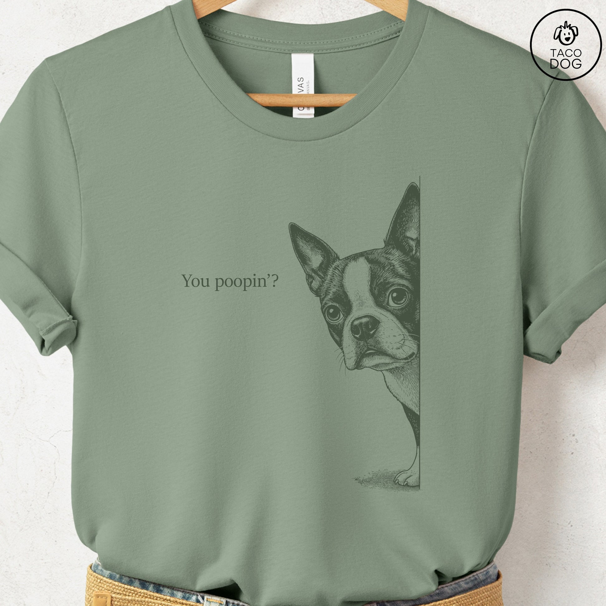 Boston Terrier Poopin T-Shirt Sage Taco-Dog