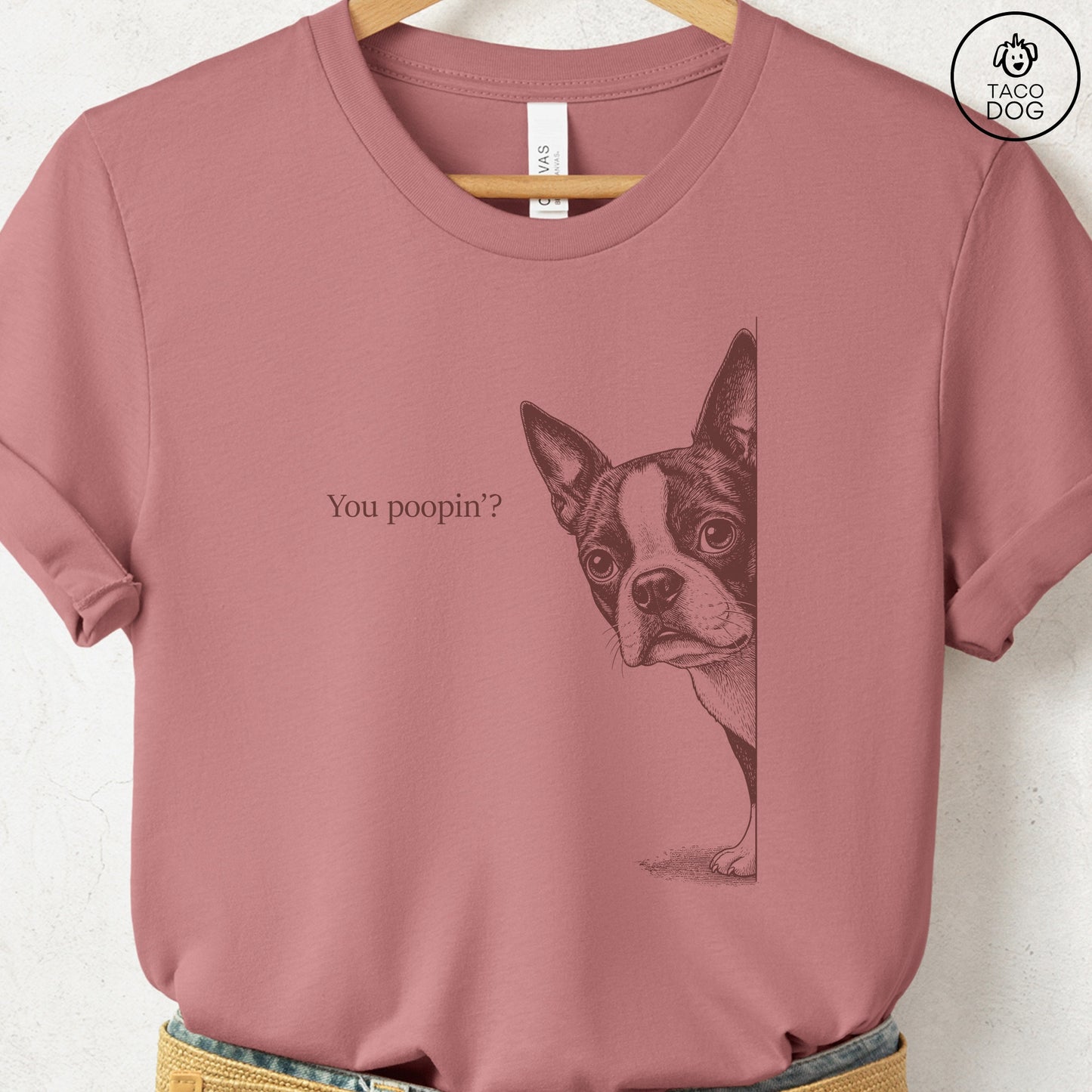 Boston Terrier Poopin T-Shirt Heather Mauve Taco-Dog