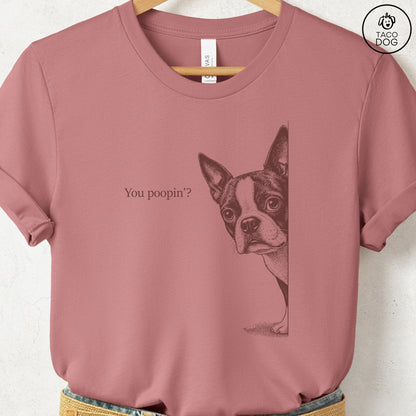 Boston Terrier Poopin T-Shirt Heather Mauve Taco-Dog