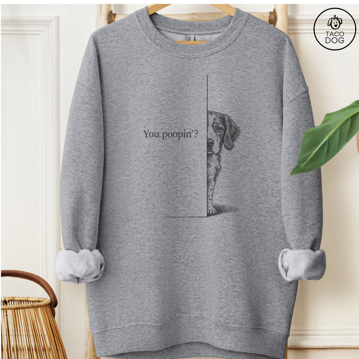 Brittany Spaniel Poopin Sweatshirt Graphite Heather Taco-Dog
