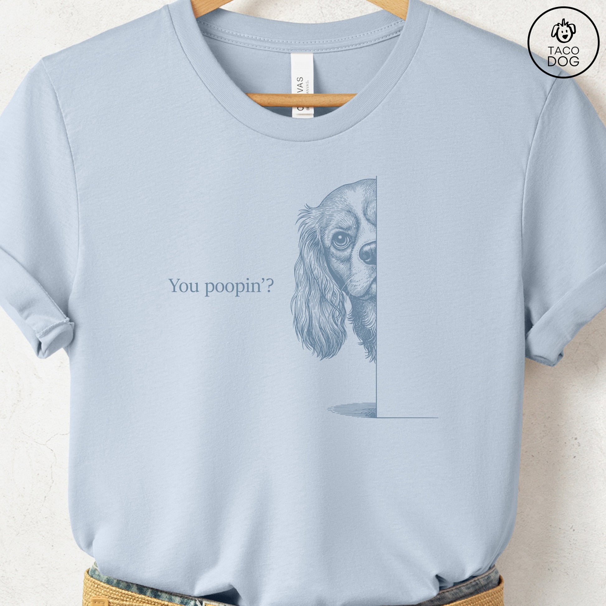Cavalier King Charles Spaniel Poopin T-Shirt Light Blue Taco-Dog