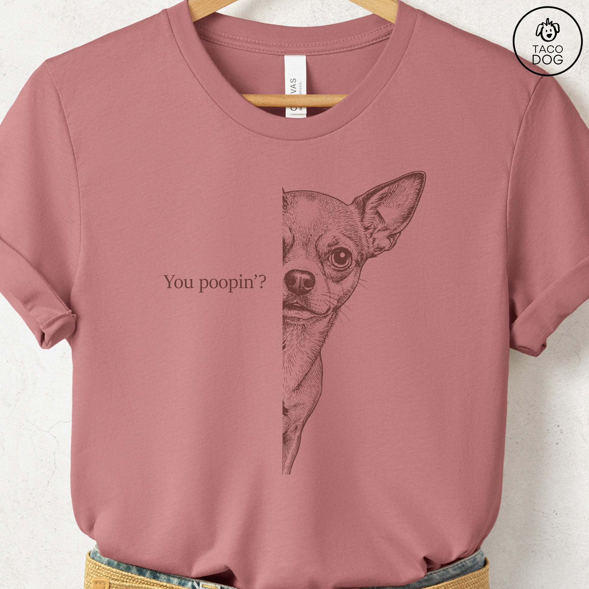 Chihuahua Poopin T-Shirt Heather Mauve Taco-Dog