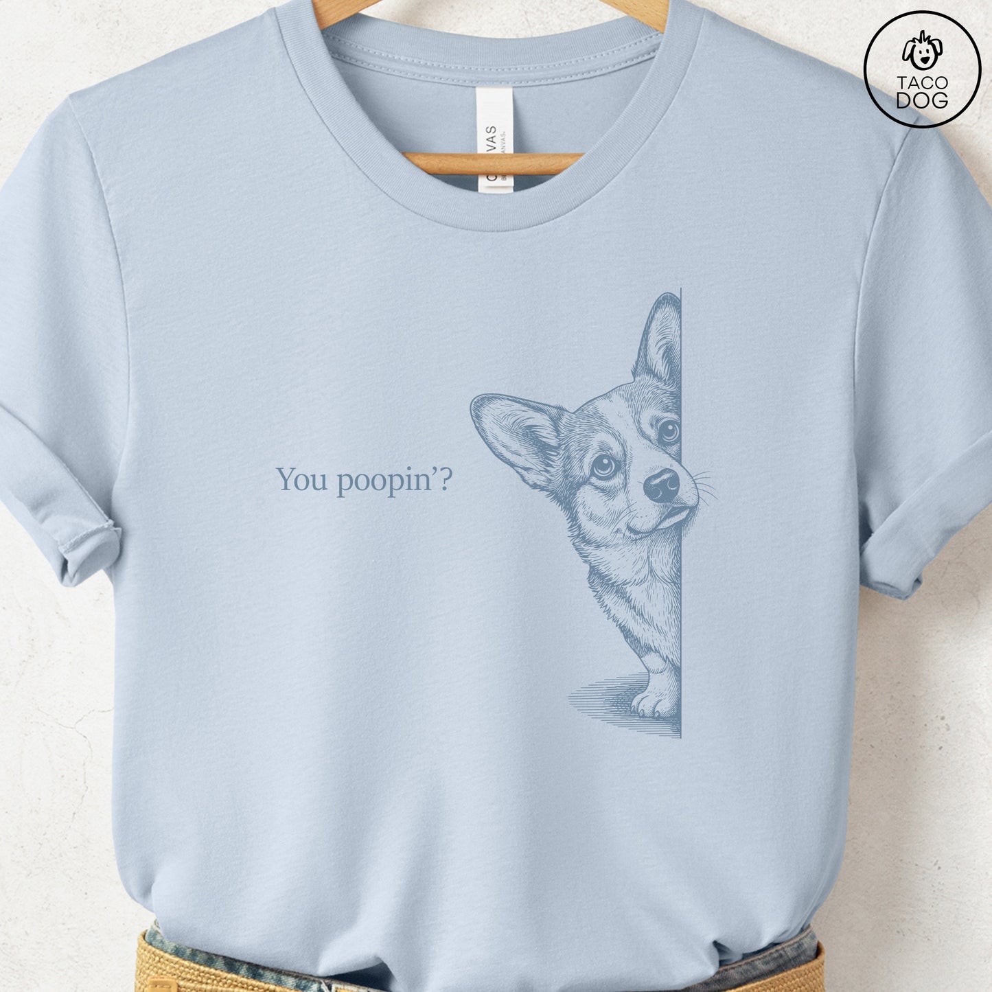 Corgi Poopin T-Shirt Light Blue Taco-Dog