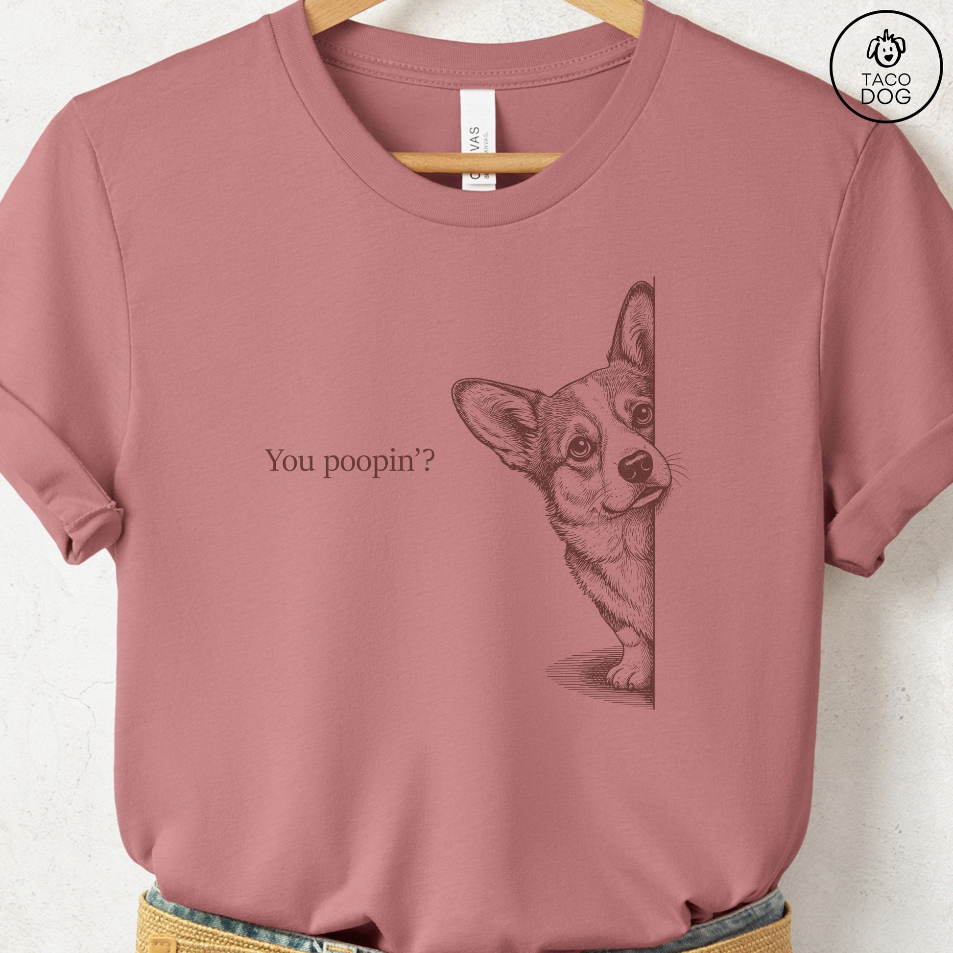 Corgi Poopin T-Shirt Heather Mauve Taco-Dog