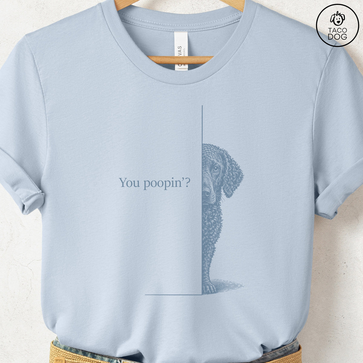 Curly-Coated Retriever Poopin T-Shirt Light Blue Taco-Dog