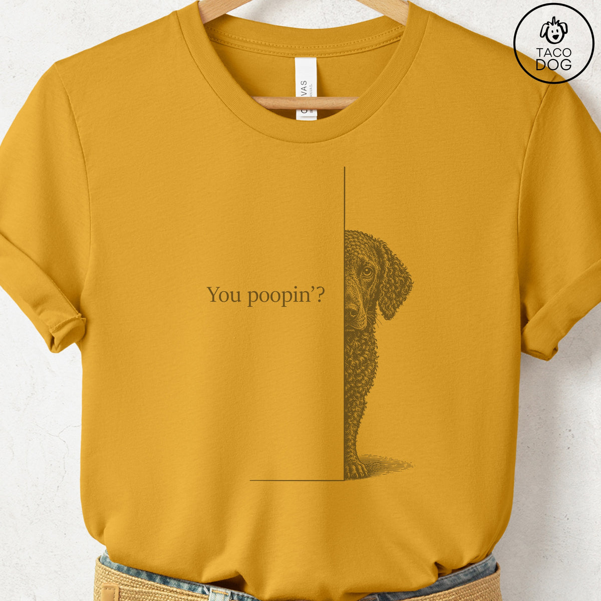 Curly-Coated Retriever Poopin T-Shirt Mustard Taco-Dog