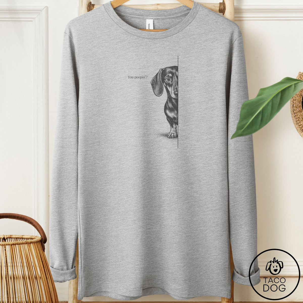 Dachshund Poopin Long Sleeve Tee Athletic Heather Taco-Dog