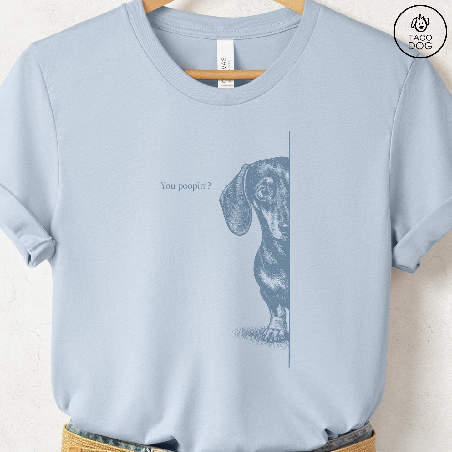 Dachshund Poopin T-Shirt Light Blue Taco-Dog