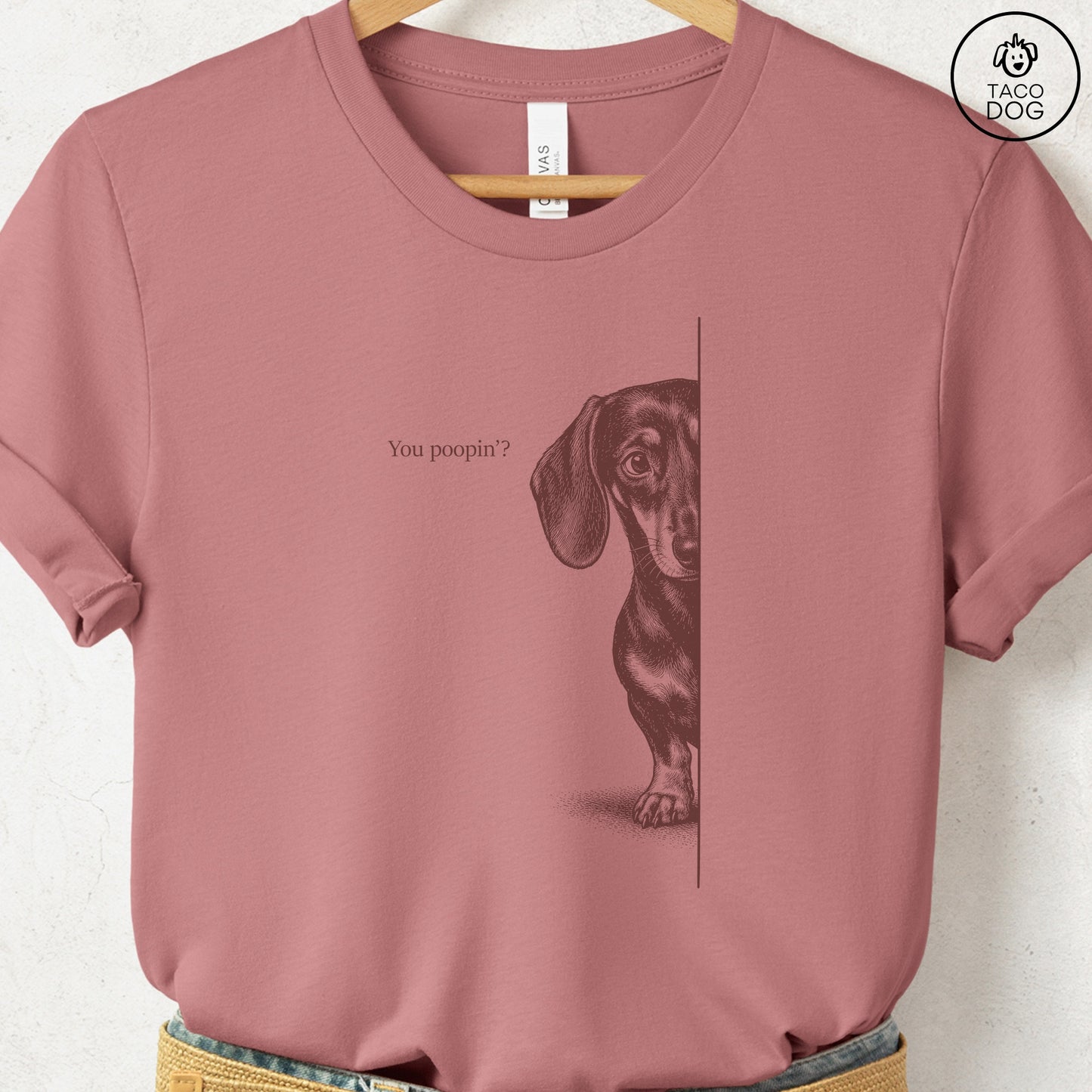 Dachshund Poopin T-Shirt Heather Mauve Taco-Dog