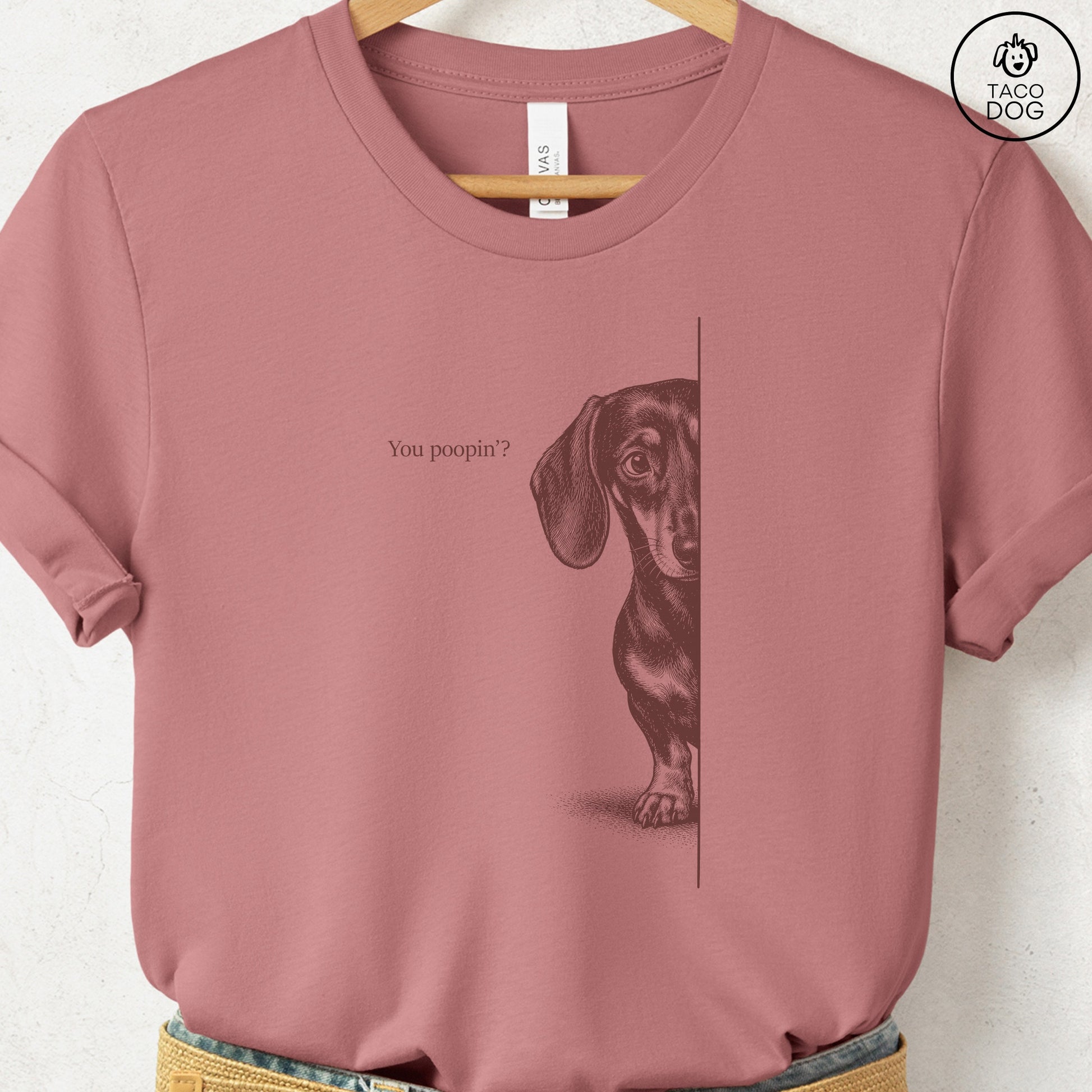 Dachshund Poopin T-Shirt Heather Mauve Taco-Dog