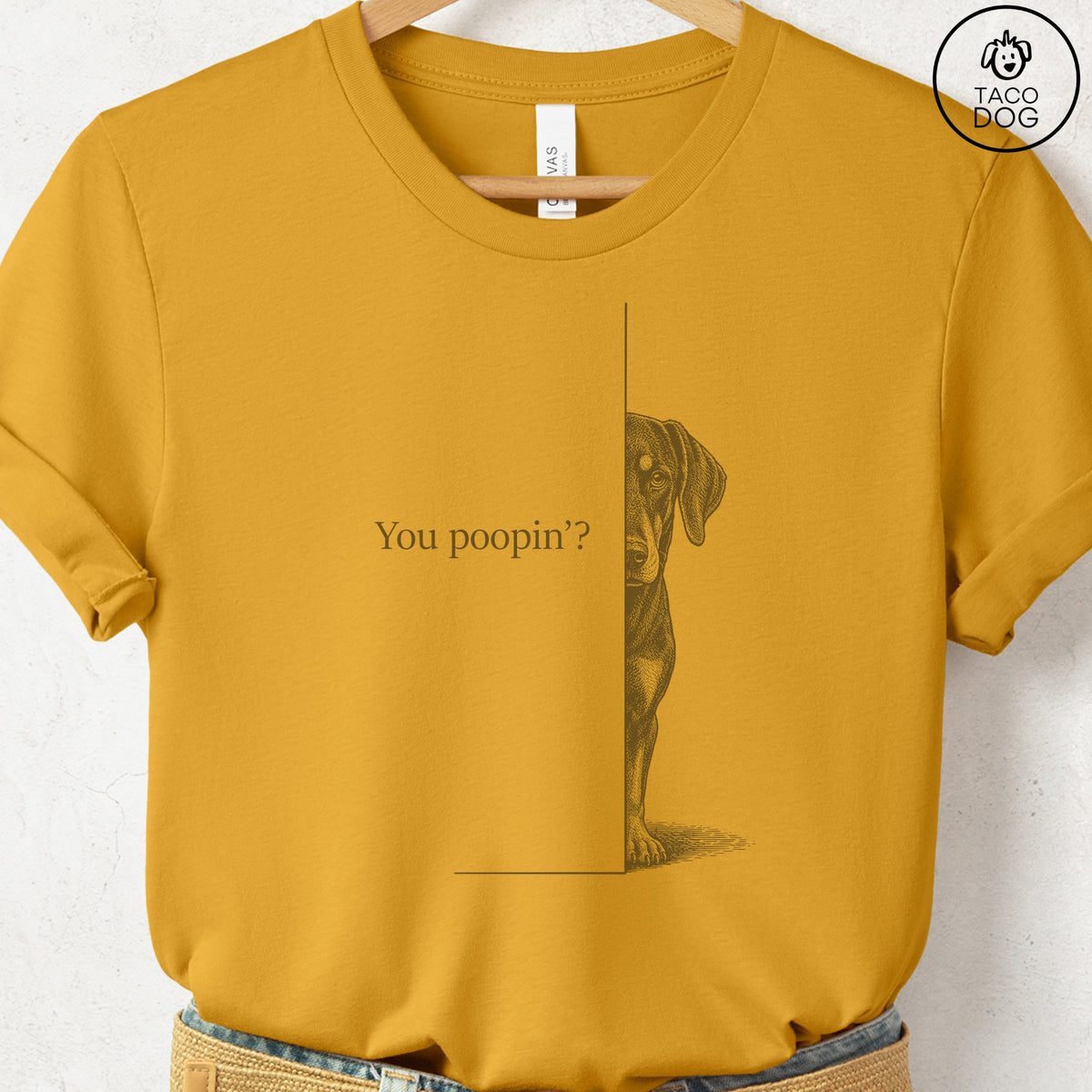 Doberman Poopin T-Shirt Mustard Taco-Dog