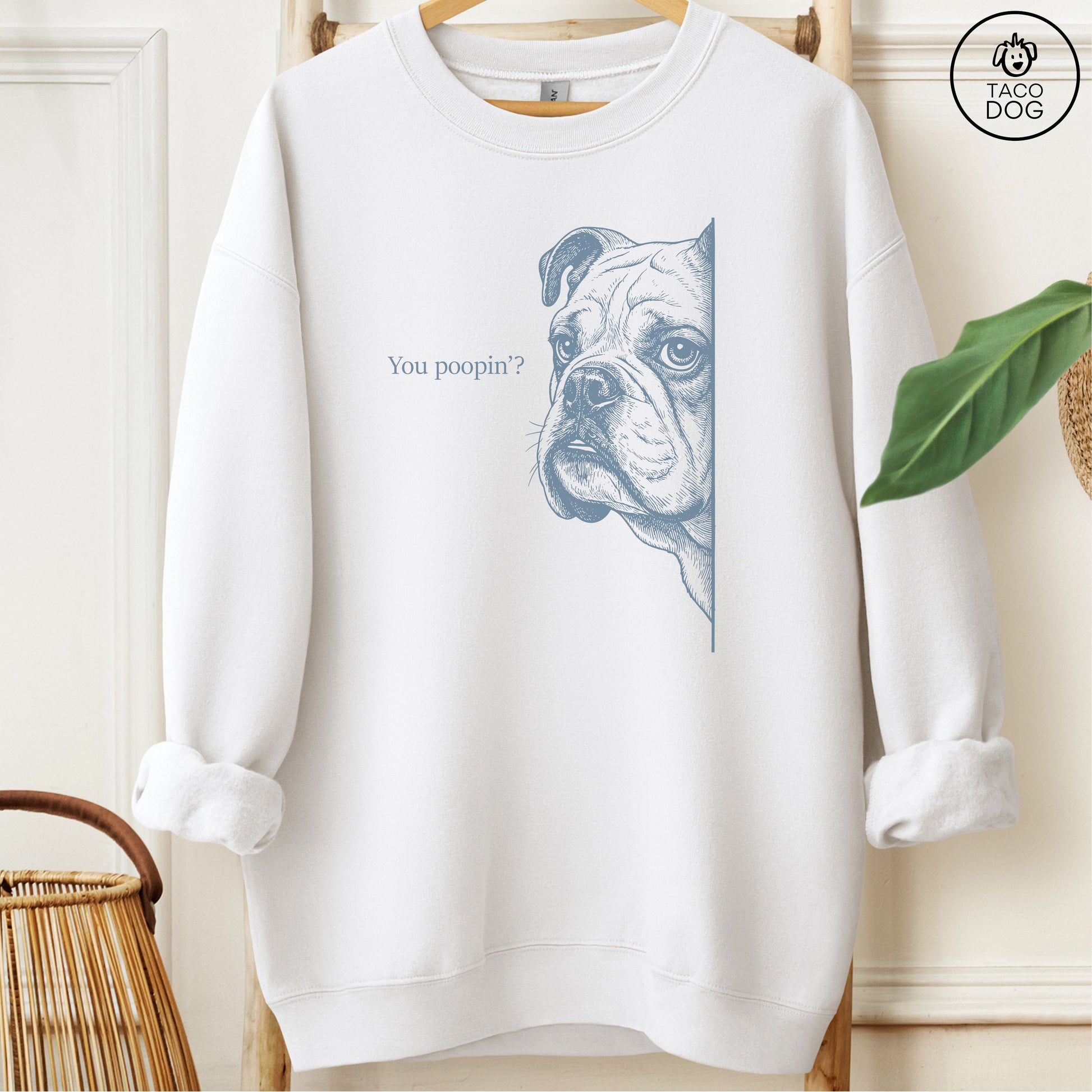 English Bulldog Poopin Sweatshirt White Taco-Dog