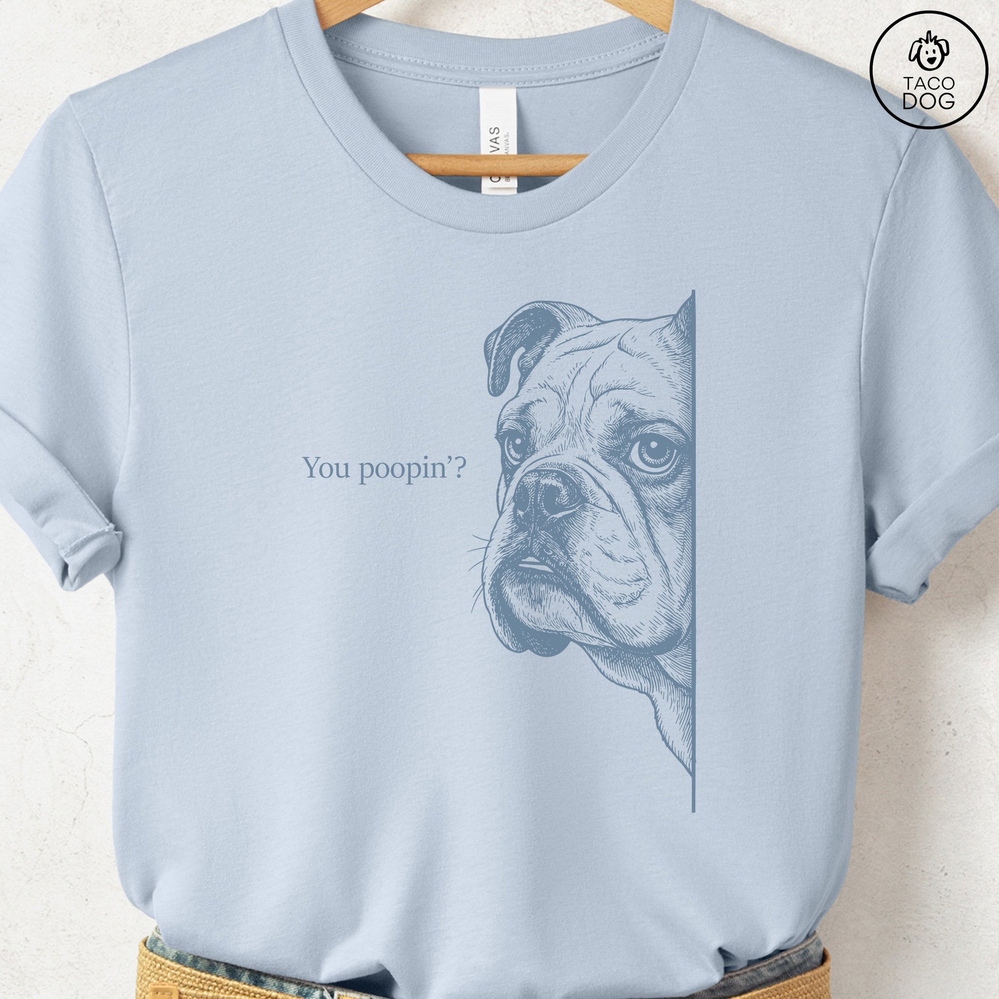 English Bulldog Poopin T-Shirt Light Blue Taco-Dog