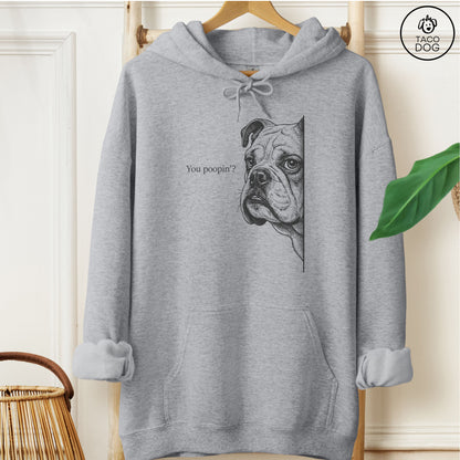 English Bulldog Poopin Hoodie Graphite Heather Taco-Dog
