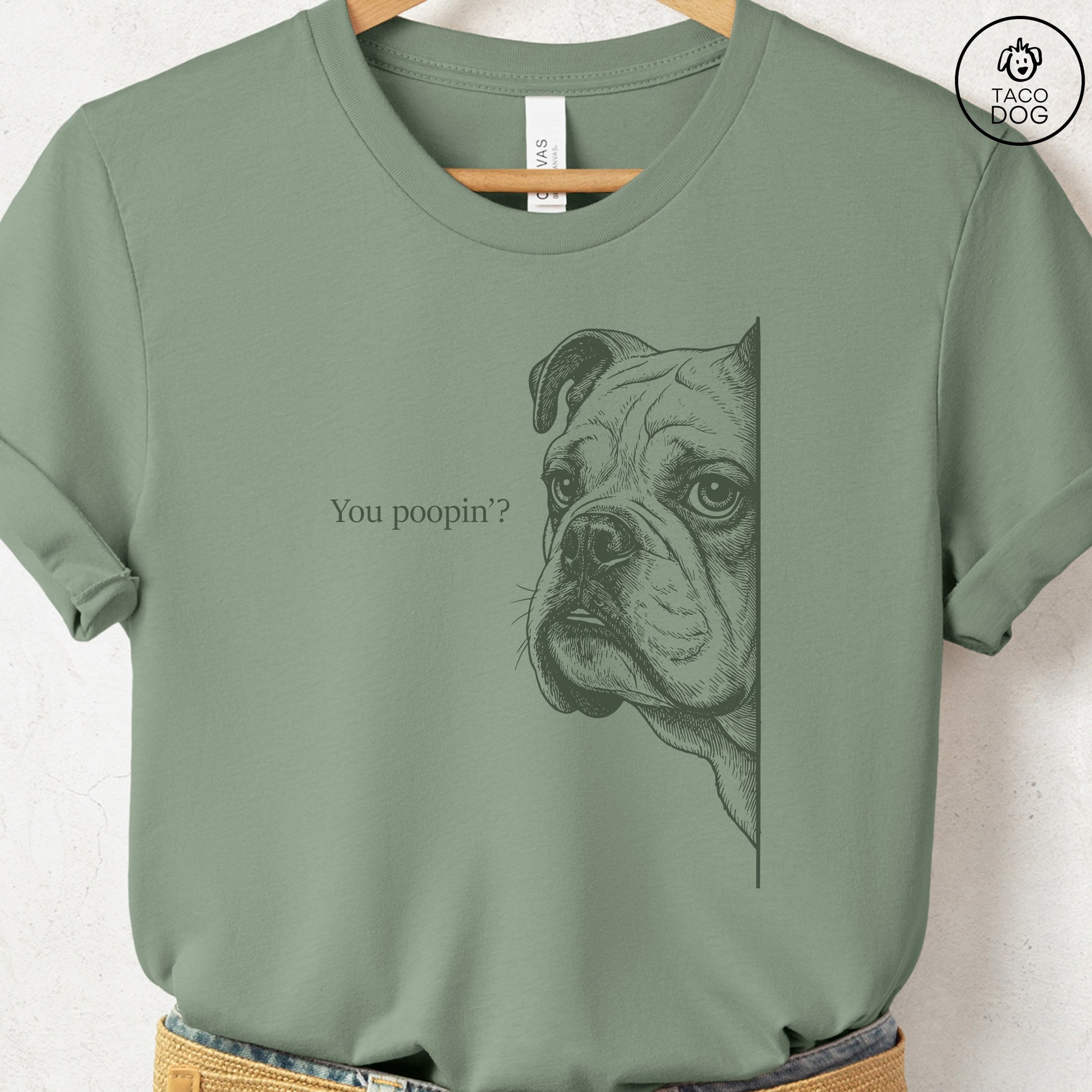 English Bulldog Poopin T-Shirt Sage Taco-Dog