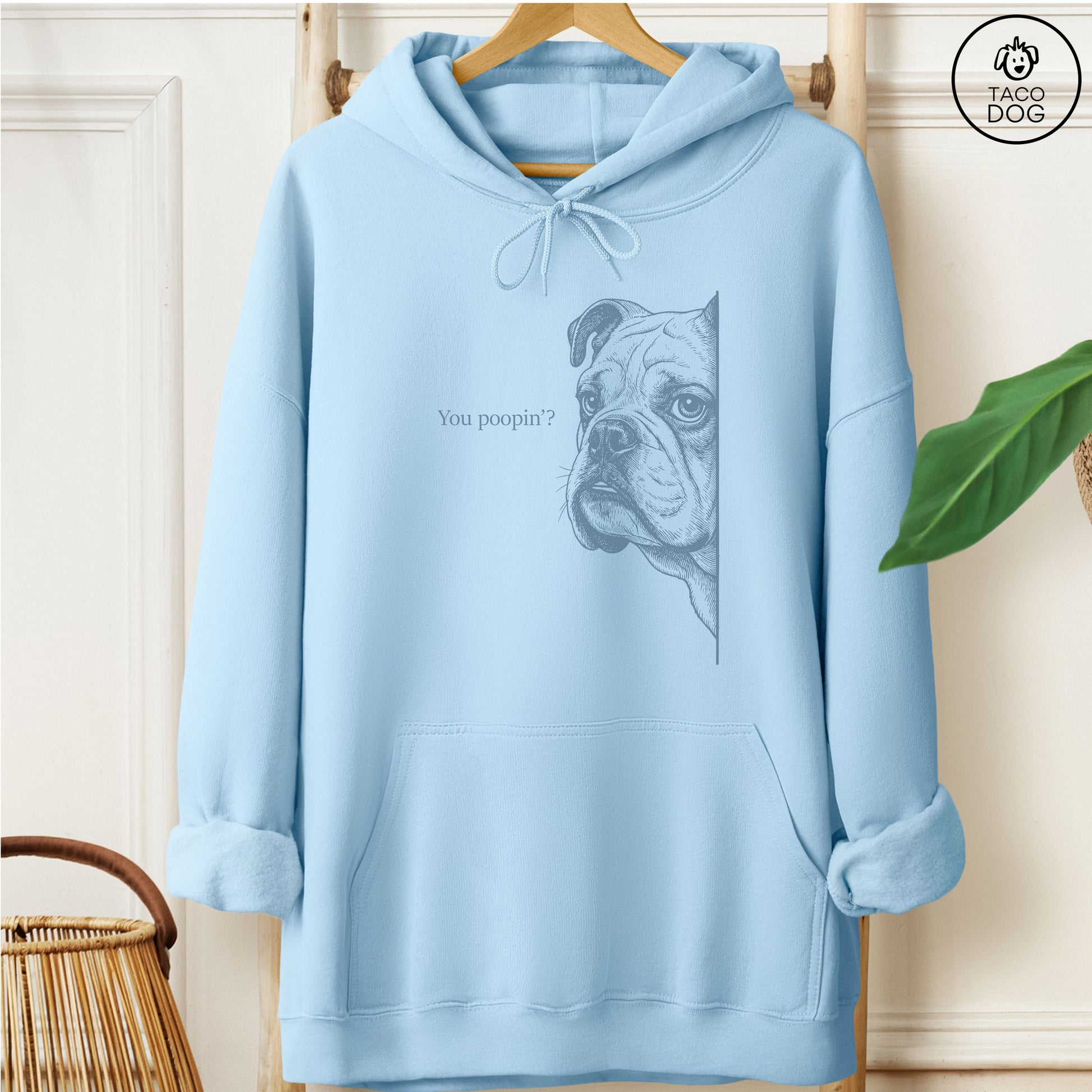 English Bulldog Poopin Hoodie Light Blue Taco-Dog