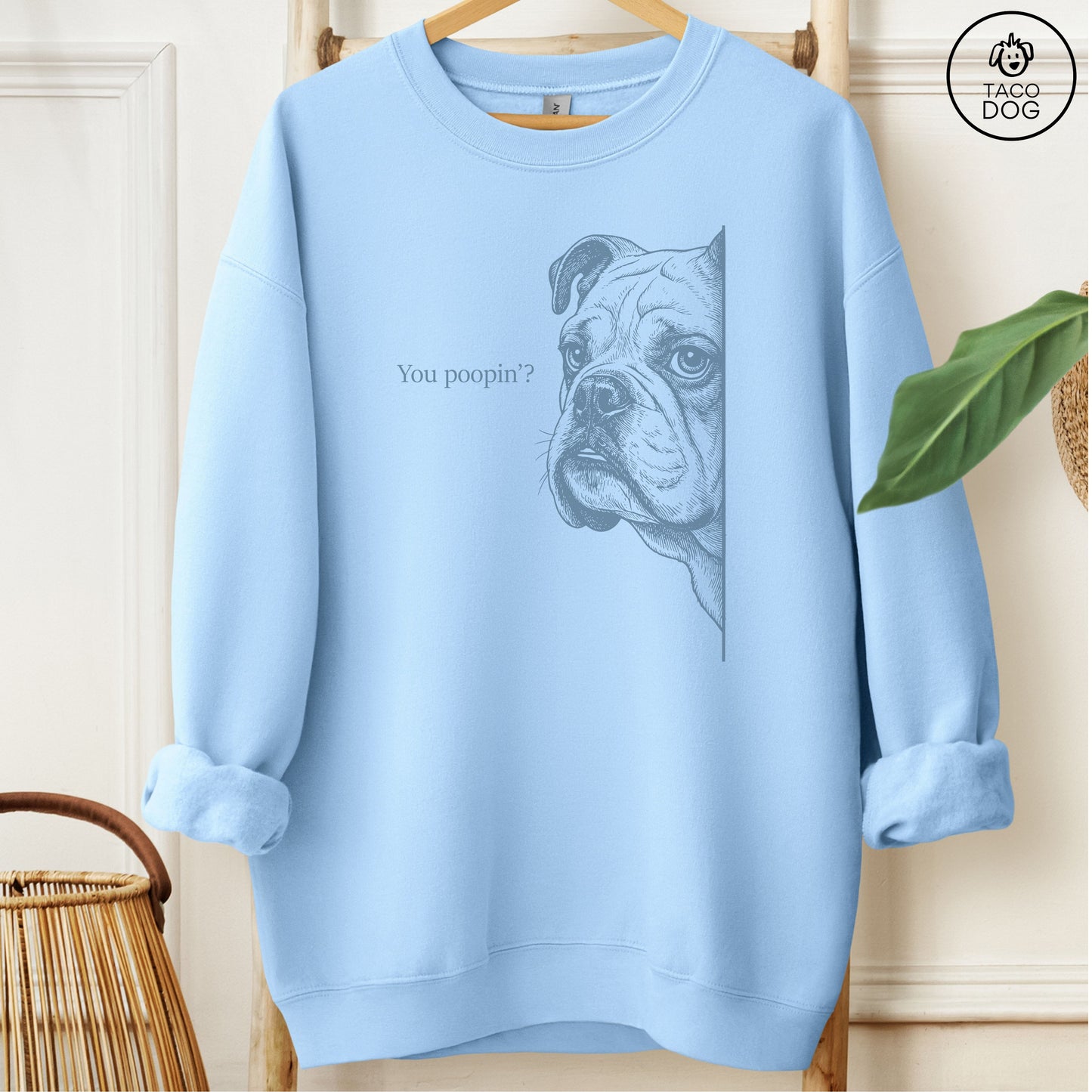 English Bulldog Poopin Sweatshirt Light Blue Taco-Dog