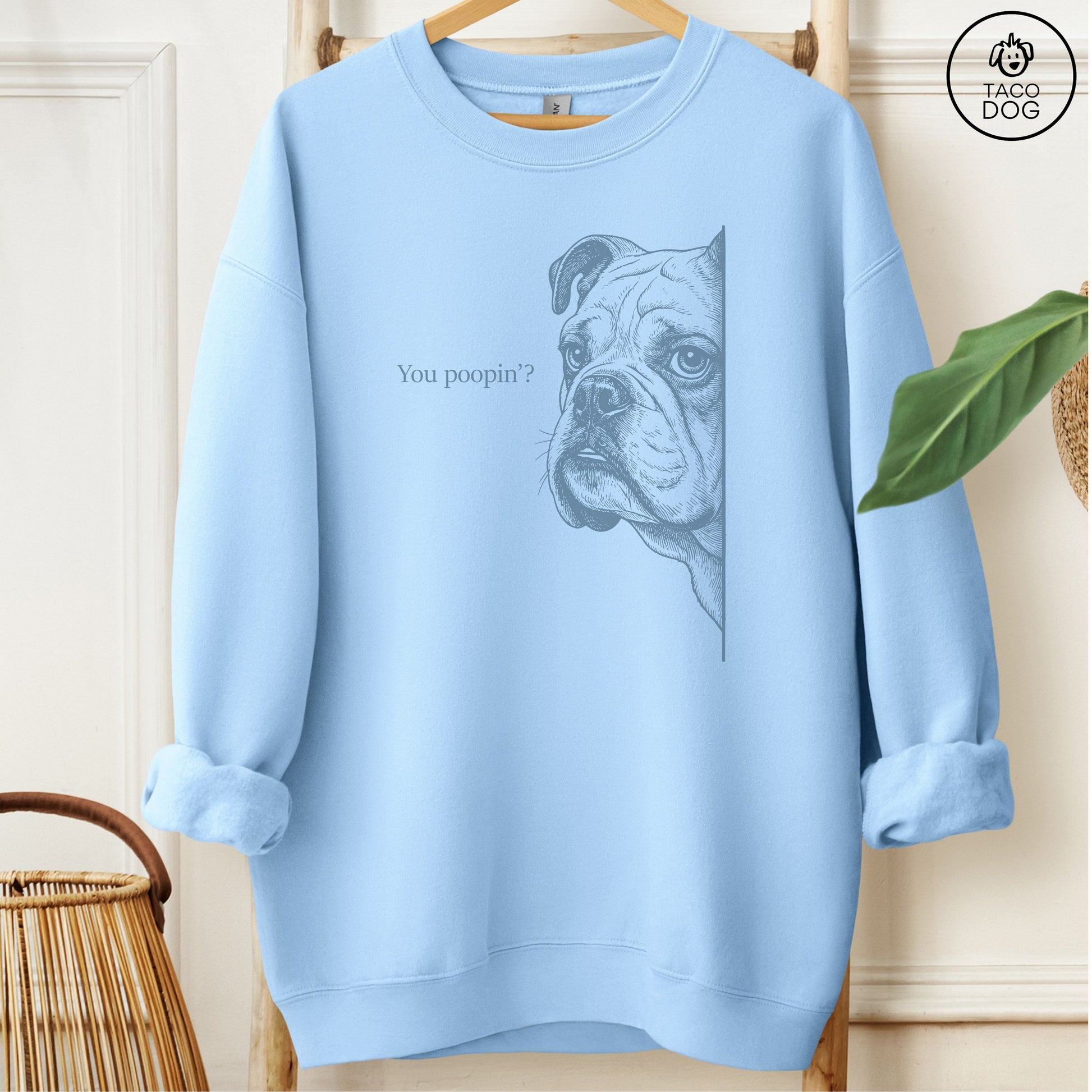 English Bulldog Poopin Sweatshirt Light Blue Taco-Dog