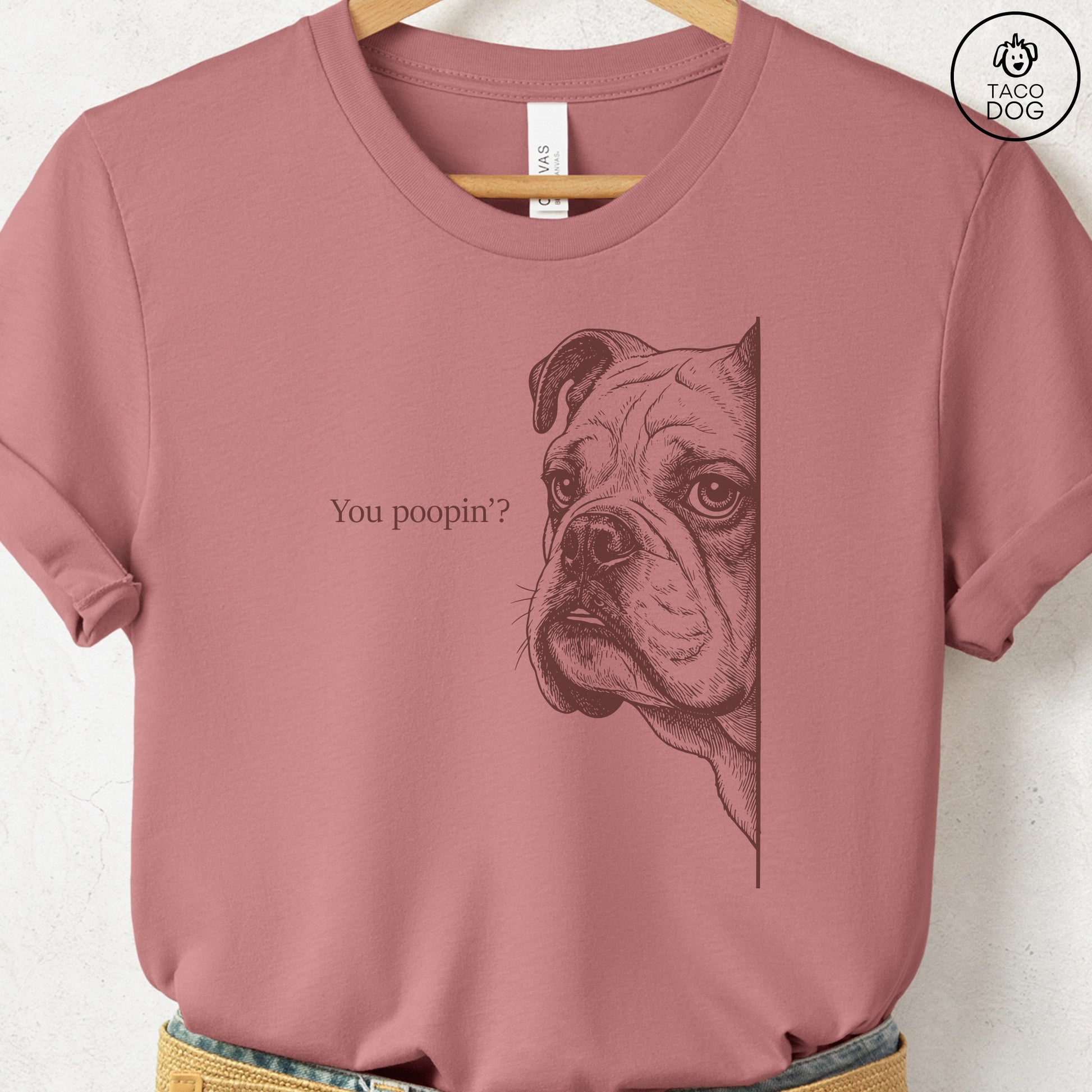 English Bulldog Poopin T-Shirt Heather Mauve Taco-Dog