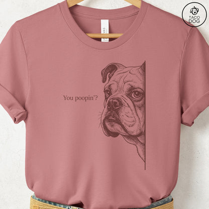 English Bulldog Poopin T-Shirt Heather Mauve Taco-Dog