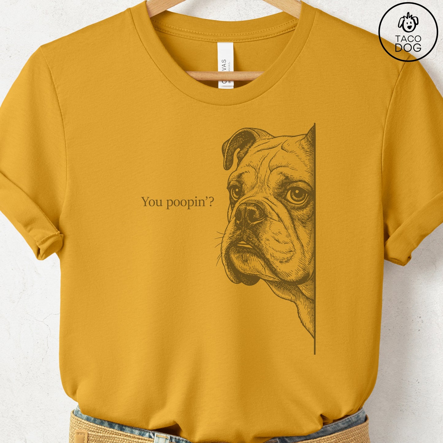 English Bulldog Poopin T-Shirt Mustard Taco-Dog
