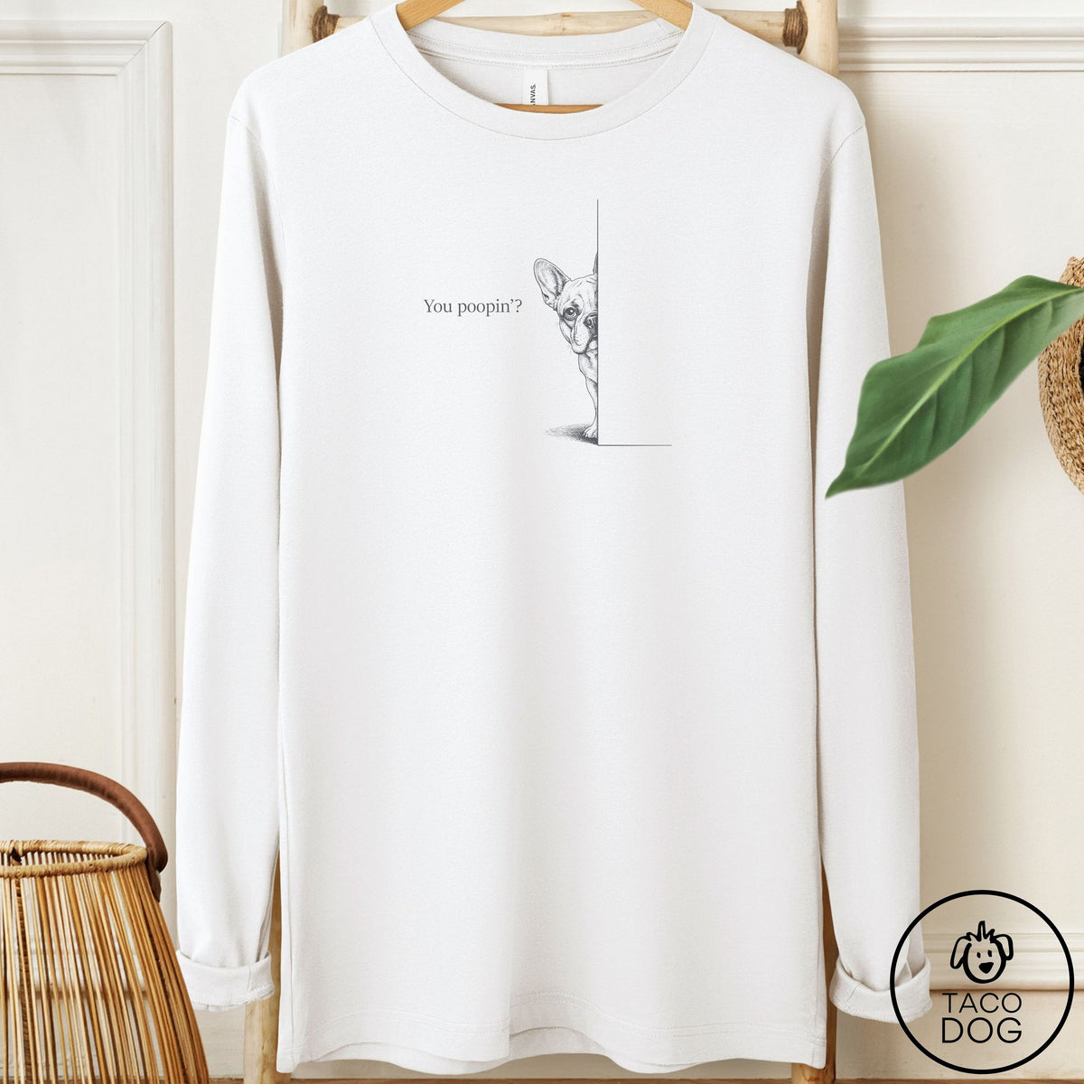 French Bulldog Frenchie Poopin Long Sleeve Tee White Taco-Dog
