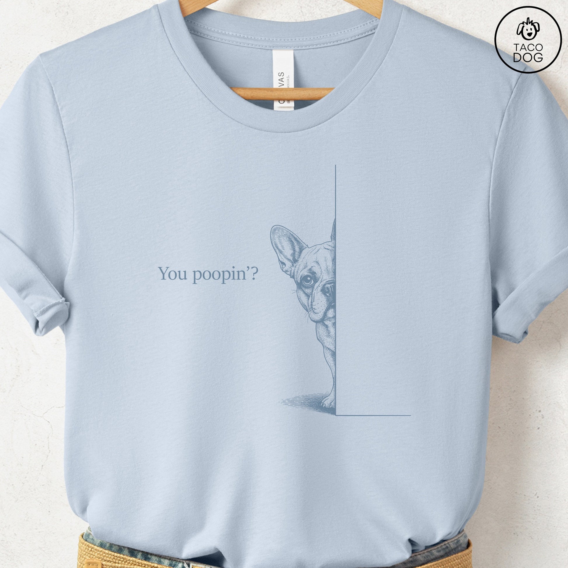 French Bulldog Frenchie Poopin T-Shirt Light Blue Taco-Dog