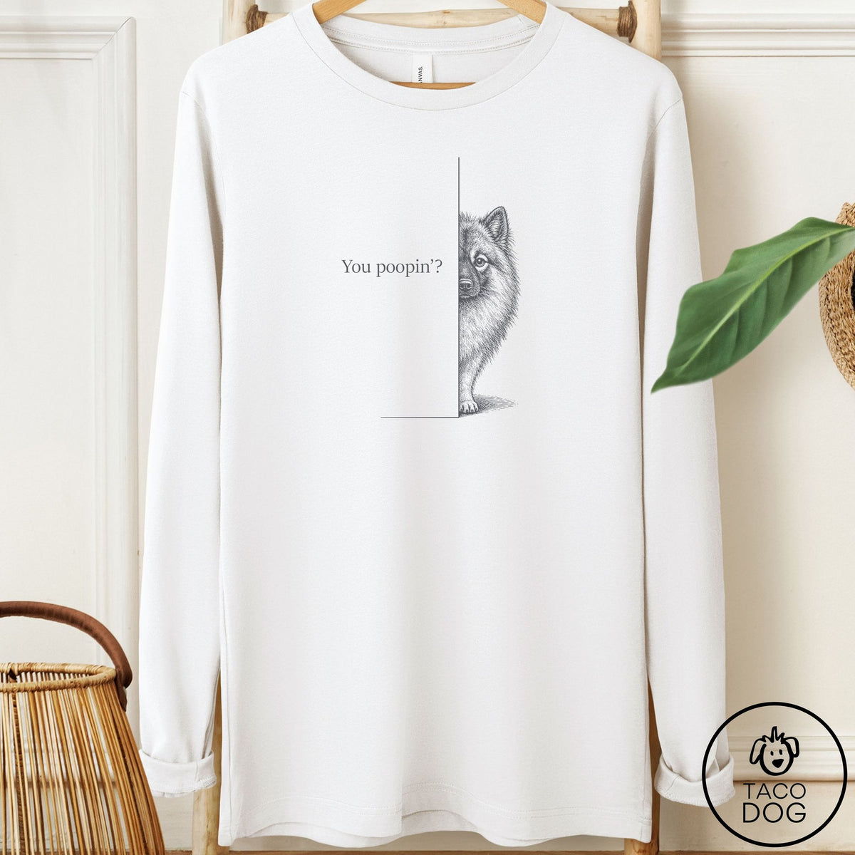 Keeshond Poopin Long Sleeve Tee White Taco-Dog