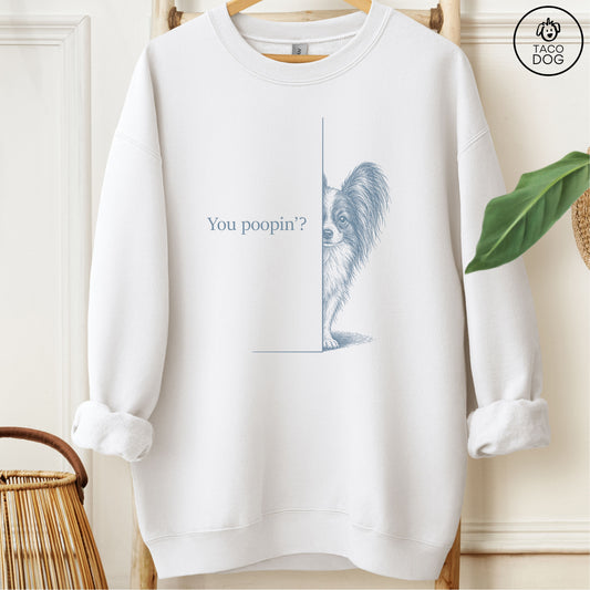 Papillon Poopin Sweatshirt White Taco-Dog