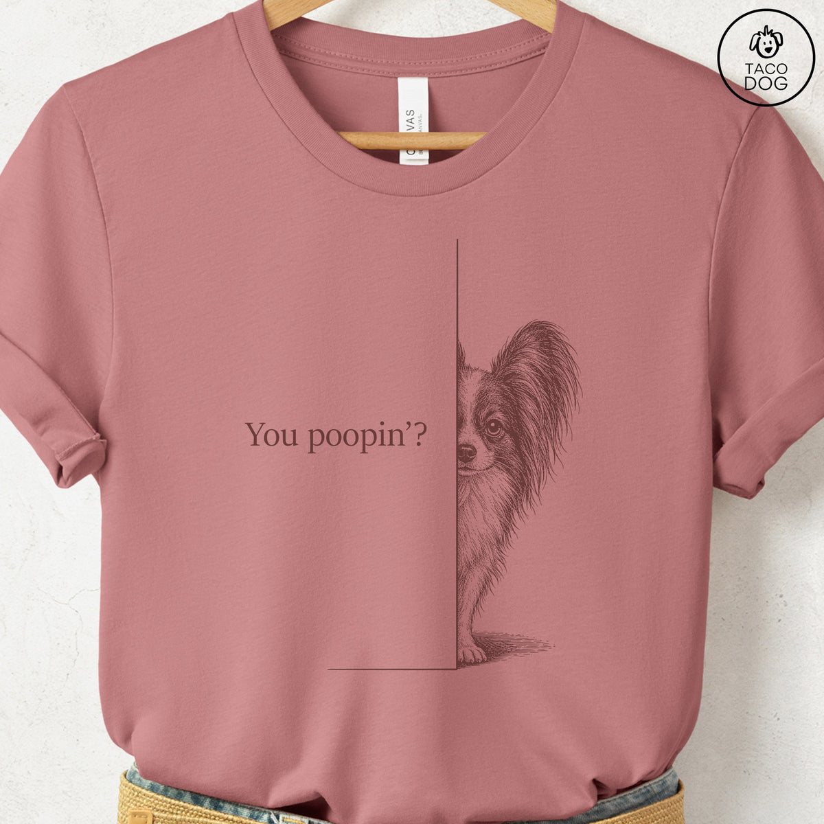 Papillon Poopin T-Shirt Heather Mauve Taco-Dog