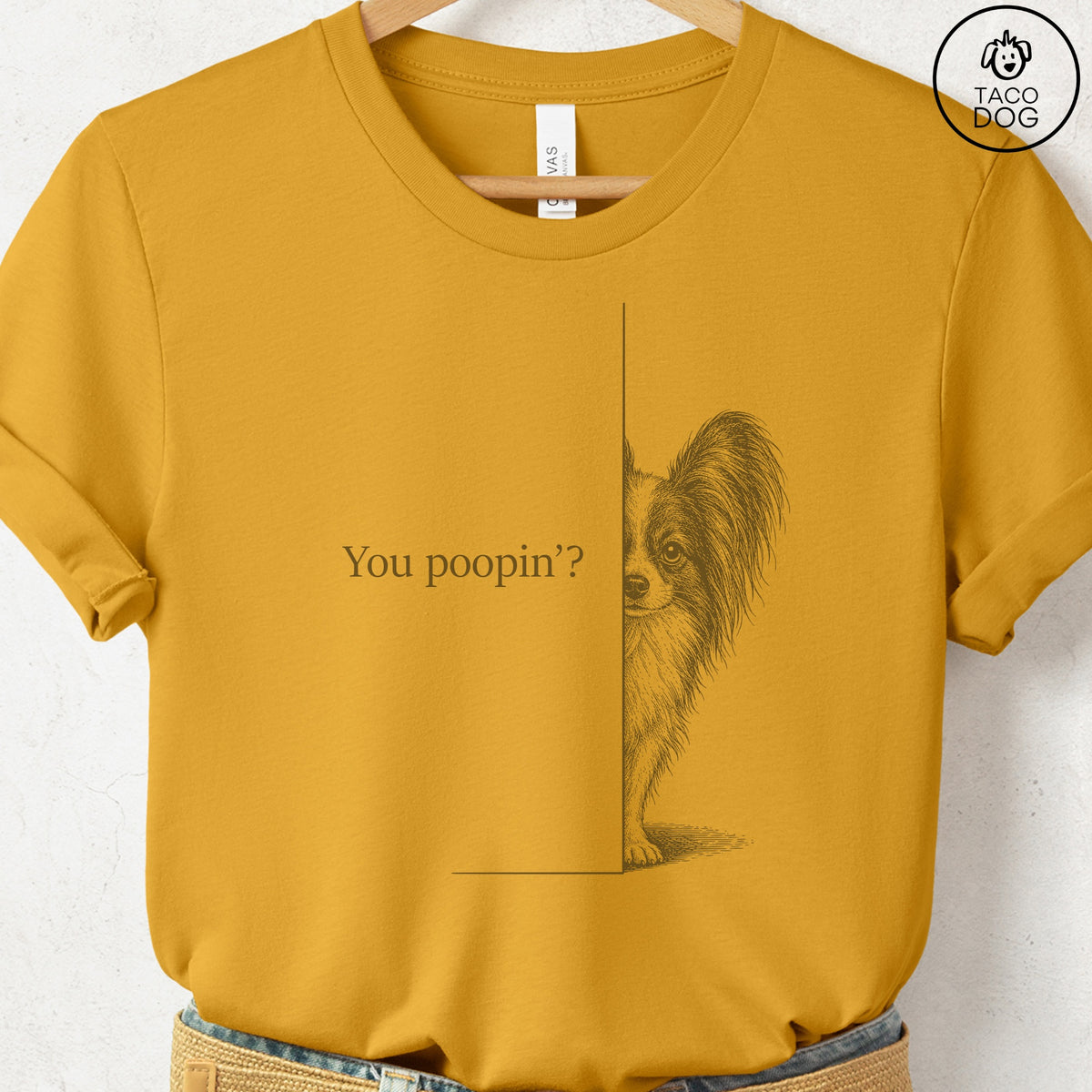 Papillon Poopin T-Shirt Mustard Taco-Dog