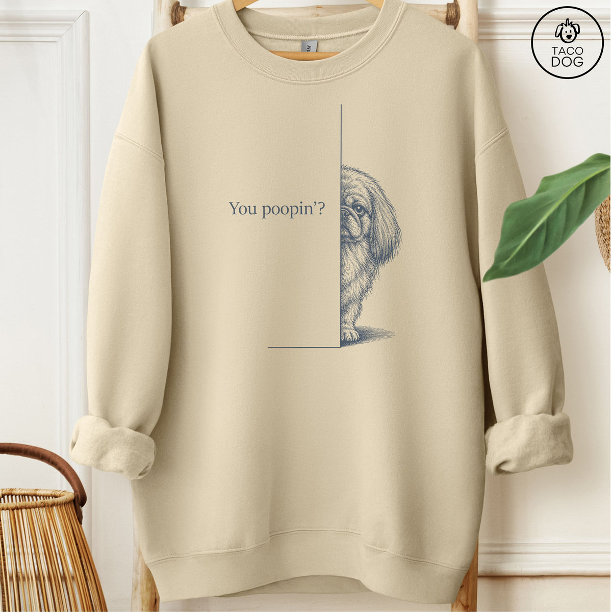 Pekingese Poopin Sweatshirt Sand Taco-Dog